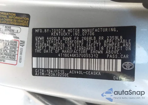 2007 Toyota Camry Se из США, поврежденный, VIN 4T1BE46K57U055312